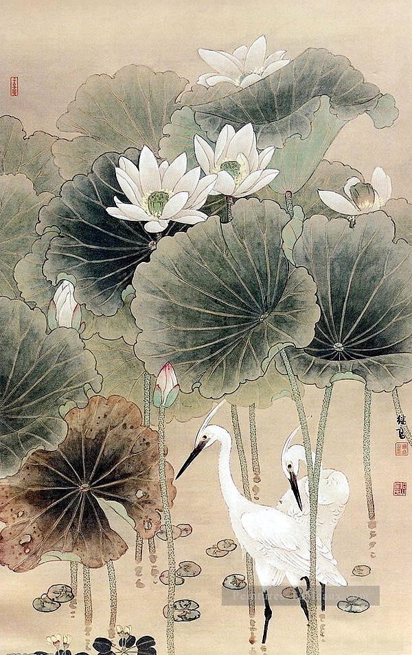 Aigrette dans l’étang des nymphéas Art chinois traditionnel Peintures à l'huile